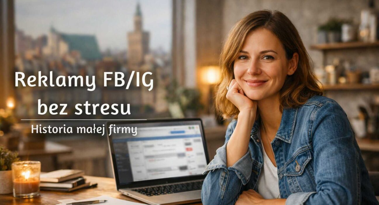 Kobieta przy biurku z laptopem i hasłem „Reklamy FB/IG bez stresu – historia małej firmy”.
