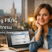 Kobieta przy biurku z laptopem i hasłem „Reklamy FB/IG bez stresu – historia małej firmy”.