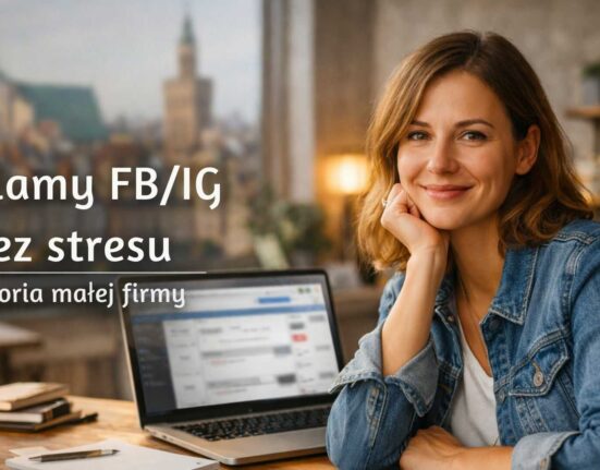 Kobieta przy biurku z laptopem i hasłem „Reklamy FB/IG bez stresu – historia małej firmy”.