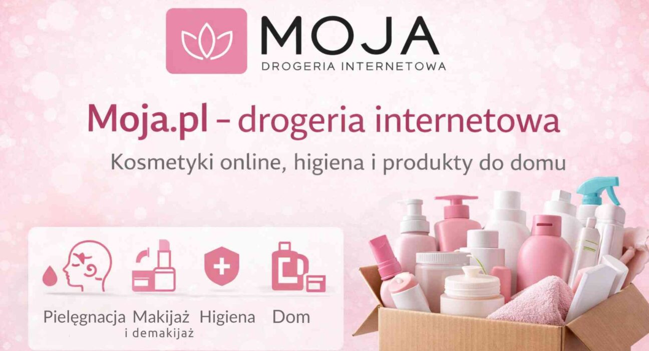 Grafika okładkowa Moja.pl – drogeria internetowa, kosmetyki online, higiena i produkty do domu w kolorystyce różowo-białej z logo.
