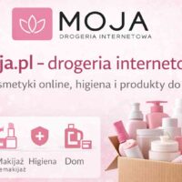 Grafika okładkowa Moja.pl – drogeria internetowa, kosmetyki online, higiena i produkty do domu w kolorystyce różowo-białej z logo.