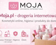 Grafika okładkowa Moja.pl – drogeria internetowa, kosmetyki online, higiena i produkty do domu w kolorystyce różowo-białej z logo.