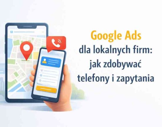 Okładka artykułu o Google Ads dla lokalnych firm – telefony i zapytania