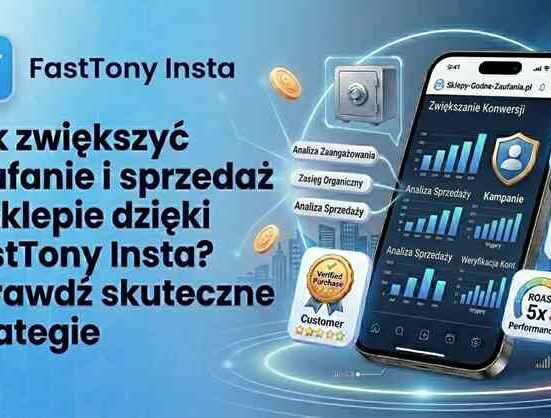 Profesjonalna grafika okładkowa artykułu o zwiększaniu zaufania i sprzedaży w sklepie dzięki FastTony Insta. Nowoczesny dashboard marketingowy dla e-commerce.