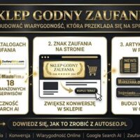 Nowoczesna, luksusowa grafika okładkowa w kolorystyce złota i bieli dla AutoSEO.pl. Tytuł na górze: 'SKLEP GODNY ZAUFANIA' w złotej czcionce z laurowymi wieńcami. Poniżej trzy panele na jasnym tle ze złotymi i miedzianymi ikonami. Lewy panel: '1. OBECNOŚĆ W KATALOGACH GODNYCH ZAUFANIA' z pakietem AutoSEO DIAMOND i 18 branżowymi serwisami. Środkowy panel: '2. ZNAK ZAUFANIA NA STRONIE' ze złotym badge'm 5 gwiazdek 2026 i makietą strony ze 'SKLEP GODNY ZAUFANIA'. Prawy panel: '3. ARTYKUŁY I WZMIANKI W PORTALACH' z gazetą i megafonem. Na dole pasek ze złotym napisem: 'DOWIEDZ SIĘ, JAK TO ZROBIĆ Z AUTOSEO.PL' i czystym logo AutoSEO po lewej. Pasek na samym dole zawiera listę złotych słów kluczowych: 'Sklep Godny Zaufania', 'Konwersja', 'Wiarygodność Online', 'Google Search AI', 'Zaufany Sklep Internetowy'. Całość ma czysty, luksusowy charakter.