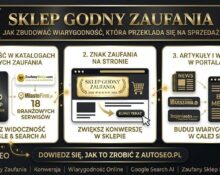 Nowoczesna, luksusowa grafika okładkowa w kolorystyce złota i bieli dla AutoSEO.pl. Tytuł na górze: 'SKLEP GODNY ZAUFANIA' w złotej czcionce z laurowymi wieńcami. Poniżej trzy panele na jasnym tle ze złotymi i miedzianymi ikonami. Lewy panel: '1. OBECNOŚĆ W KATALOGACH GODNYCH ZAUFANIA' z pakietem AutoSEO DIAMOND i 18 branżowymi serwisami. Środkowy panel: '2. ZNAK ZAUFANIA NA STRONIE' ze złotym badge'm 5 gwiazdek 2026 i makietą strony ze 'SKLEP GODNY ZAUFANIA'. Prawy panel: '3. ARTYKUŁY I WZMIANKI W PORTALACH' z gazetą i megafonem. Na dole pasek ze złotym napisem: 'DOWIEDZ SIĘ, JAK TO ZROBIĆ Z AUTOSEO.PL' i czystym logo AutoSEO po lewej. Pasek na samym dole zawiera listę złotych słów kluczowych: 'Sklep Godny Zaufania', 'Konwersja', 'Wiarygodność Online', 'Google Search AI', 'Zaufany Sklep Internetowy'. Całość ma czysty, luksusowy charakter.