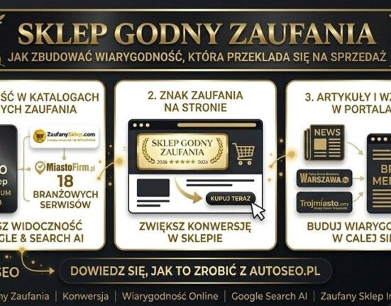 Nowoczesna, luksusowa grafika okładkowa w kolorystyce złota i bieli dla AutoSEO.pl. Tytuł na górze: 'SKLEP GODNY ZAUFANIA' w złotej czcionce z laurowymi wieńcami. Poniżej trzy panele na jasnym tle ze złotymi i miedzianymi ikonami. Lewy panel: '1. OBECNOŚĆ W KATALOGACH GODNYCH ZAUFANIA' z pakietem AutoSEO DIAMOND i 18 branżowymi serwisami. Środkowy panel: '2. ZNAK ZAUFANIA NA STRONIE' ze złotym badge'm 5 gwiazdek 2026 i makietą strony ze 'SKLEP GODNY ZAUFANIA'. Prawy panel: '3. ARTYKUŁY I WZMIANKI W PORTALACH' z gazetą i megafonem. Na dole pasek ze złotym napisem: 'DOWIEDZ SIĘ, JAK TO ZROBIĆ Z AUTOSEO.PL' i czystym logo AutoSEO po lewej. Pasek na samym dole zawiera listę złotych słów kluczowych: 'Sklep Godny Zaufania', 'Konwersja', 'Wiarygodność Online', 'Google Search AI', 'Zaufany Sklep Internetowy'. Całość ma czysty, luksusowy charakter.