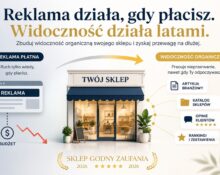 Porównanie reklamy płatnej i widoczności organicznej sklepu internetowego. Grafika przedstawia sklep, który buduje ruch dzięki artykułom branżowym, katalogom sklepów, opiniom klientów i rankingom, zamiast polegać wyłącznie na płatnych kampaniach reklamowych.