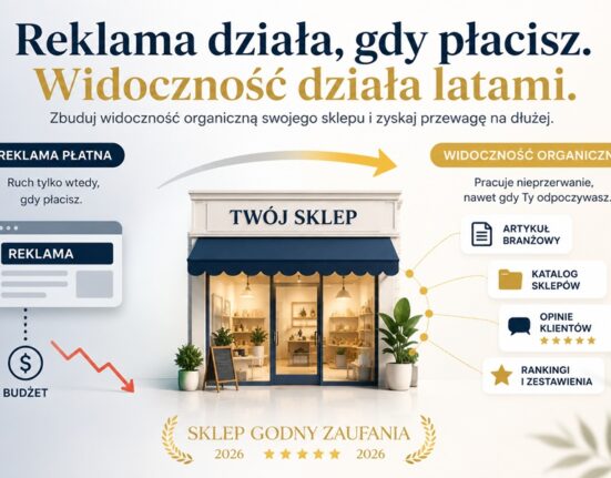 Porównanie reklamy płatnej i widoczności organicznej sklepu internetowego. Grafika przedstawia sklep, który buduje ruch dzięki artykułom branżowym, katalogom sklepów, opiniom klientów i rankingom, zamiast polegać wyłącznie na płatnych kampaniach reklamowych.
